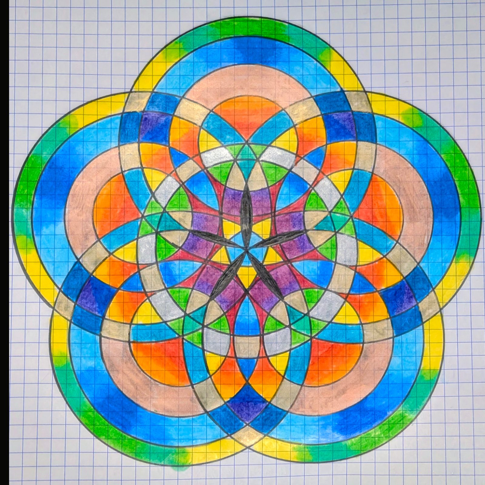 Färglagd geometrisk blomform med överlappande cirklar och sexbladig kärna på rutat papper.