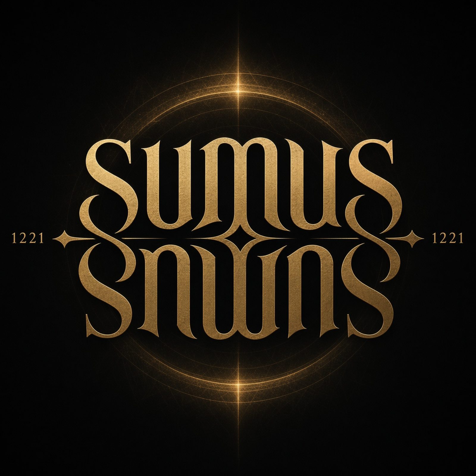 Gyllene spegelmonogram med texten SUMUS mot svart bakgrund och årtalen 1221.